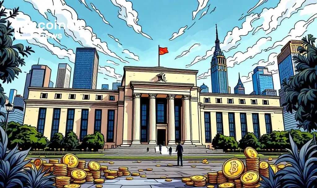 Federal Reserve building with Bitcoin coins representing BTC dip after Fed rate cut announcement