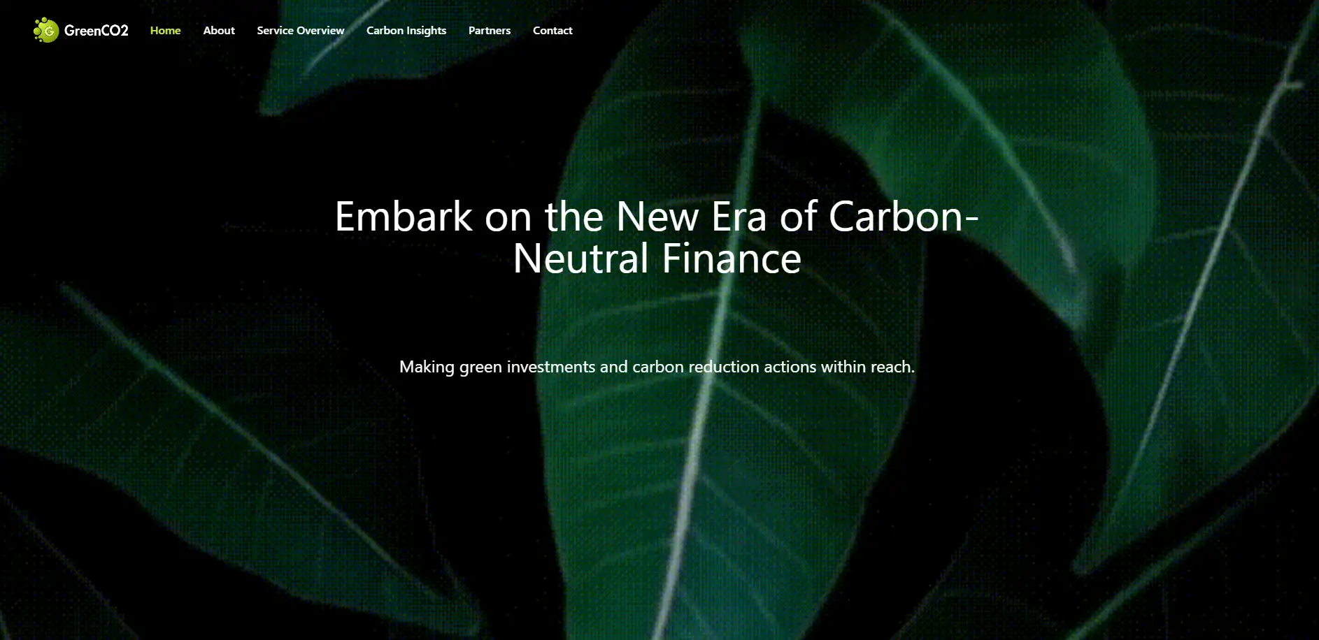 GreenCO2 carbon finance homepage banner showing green leaves promoting carbon neutral investment solutions