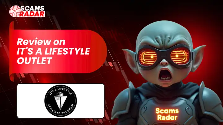 It's a Lifestyle Outlet Review banner created by Scams Radar featuring the company logo and a futuristic character on a red financial-themed background.