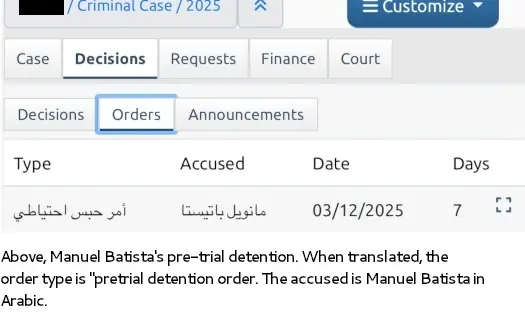 Court record showing Manuel Batista pretrial detention order in Dubai criminal case