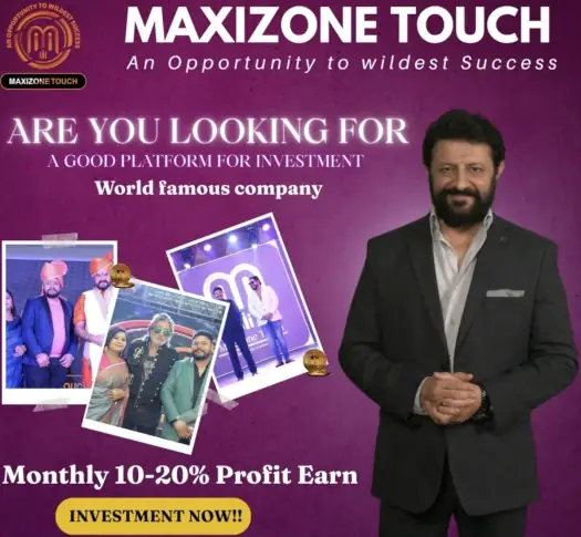 Maxizone Touch MLM scam promotional investment ad promising monthly 10 to 20 percent profit with company branding