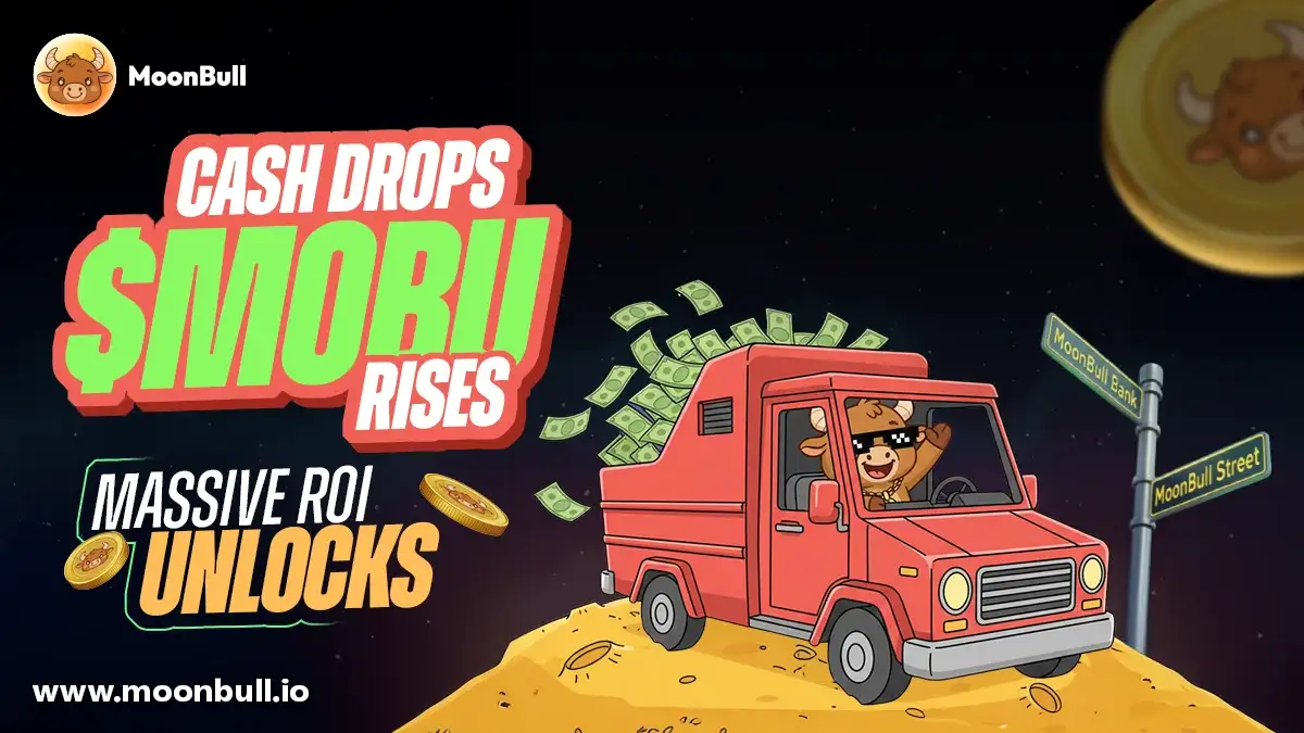 MoonBull presale artwork showing cash drops, MOBU rising, and massive ROI unlock theme