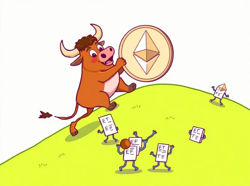 Ethereum bull carrying a coin while ETF characters celebrate on a hill.