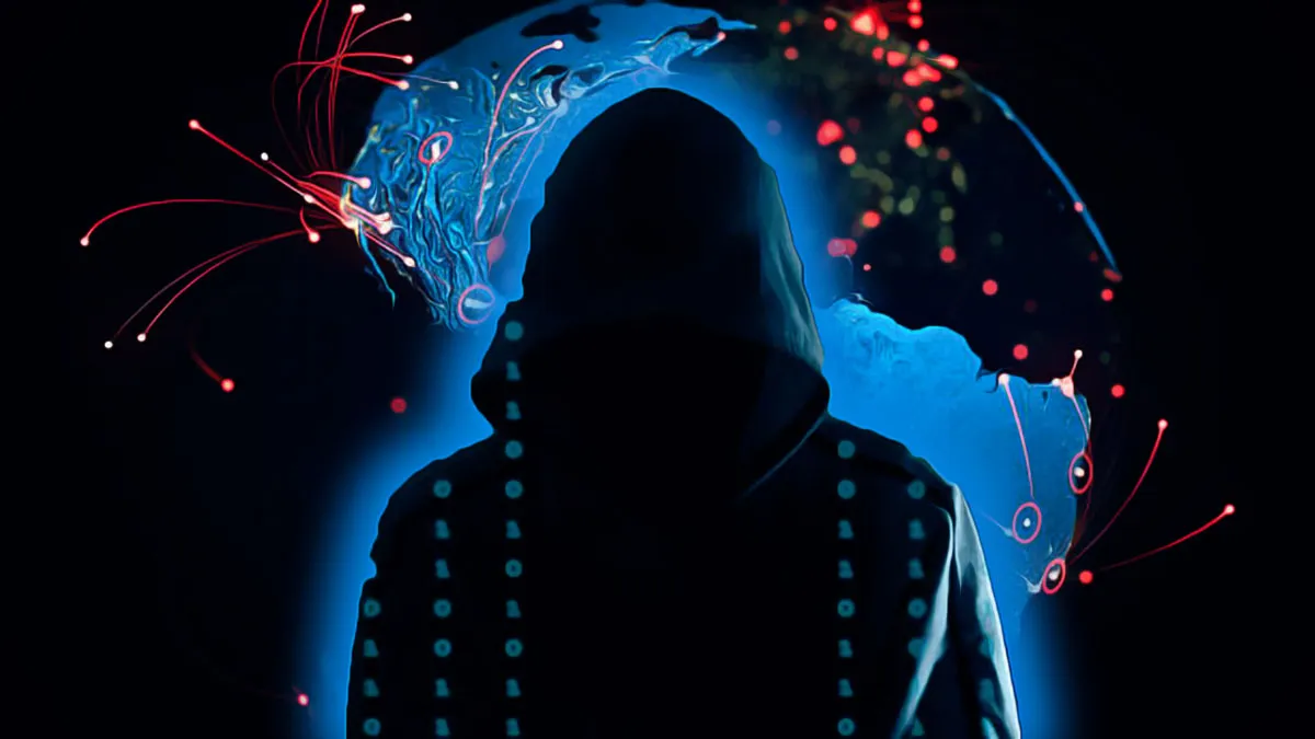 Hacker silhouette with a digital globe and global cyber attack symbols.