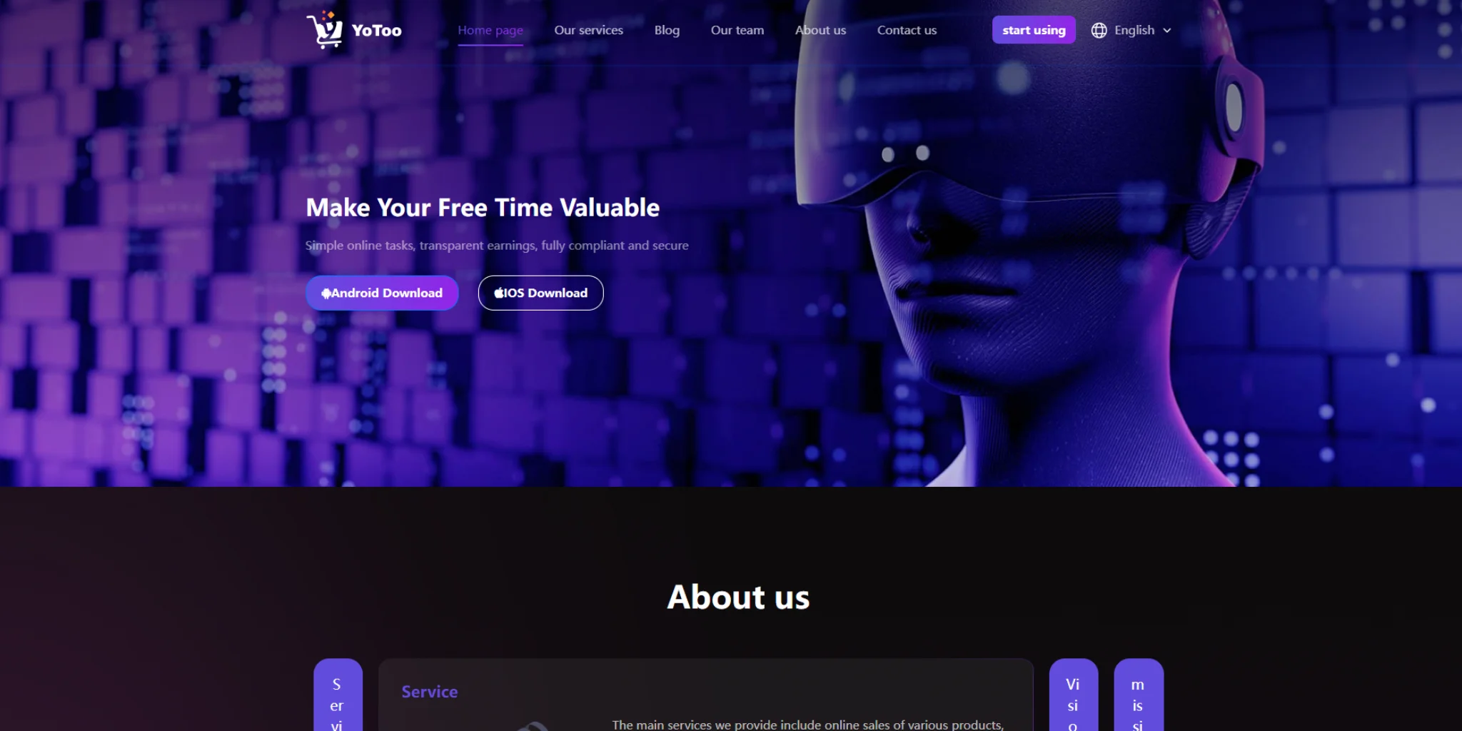 YoToo Homepage - A futuristic image of a virtual reality user with a focus on simple online tasks and secure earnings