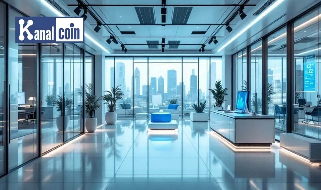 Kanal Coin office showcasing a modern, sleek workspace with city skyline views.