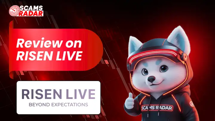 Risen Live Review banner created by Scams Radar featuring the Risen Live logo and mascot in a red financial-themed background.