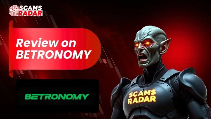 Scams Radar Betronomy review graphic featuring warning character and Betronomy logo