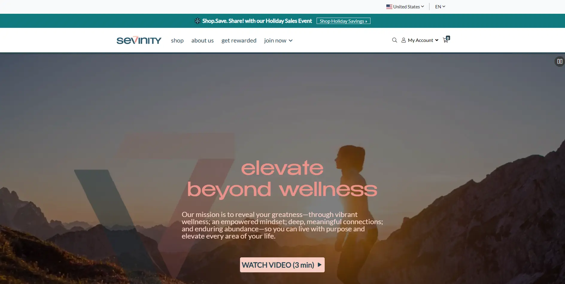Sevinity Review homepage showing wellness brand mission and lifestyle visuals