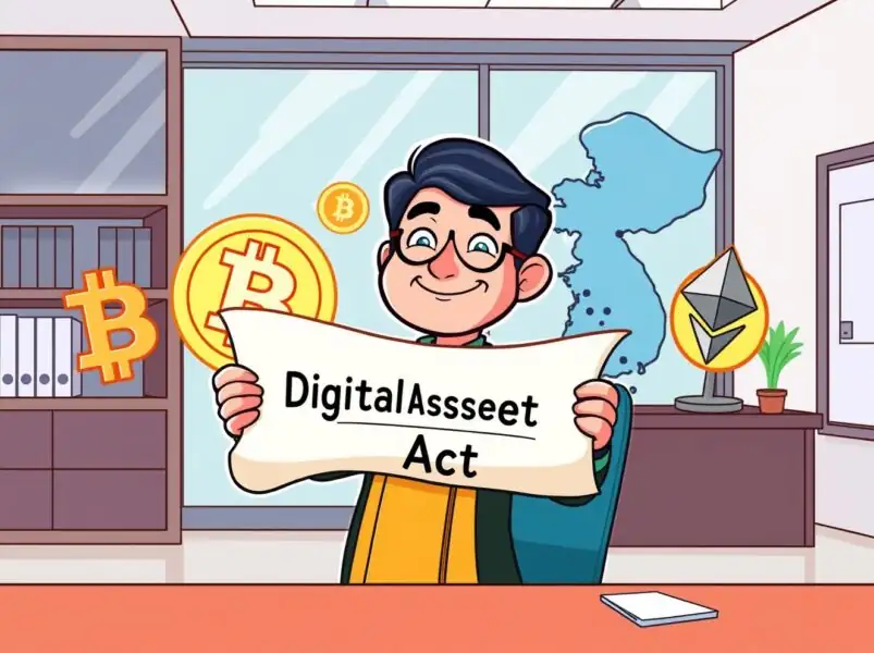 Cartoon official holding a Digital Asset Act banner with Bitcoin and Ethereum icons and South Korea map in background