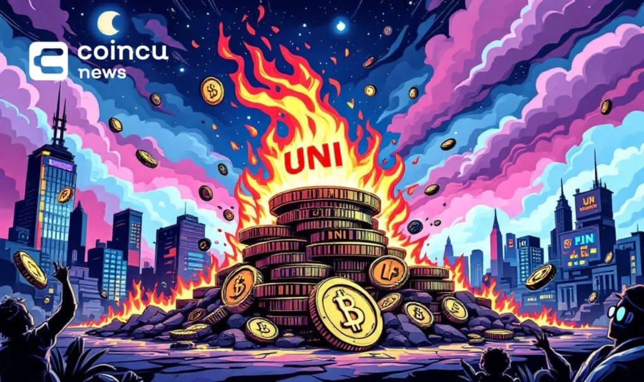 Illustration showing Uniswap Fee Switch Proposal during final governance vote with UNI tokens and crypto market reaction
