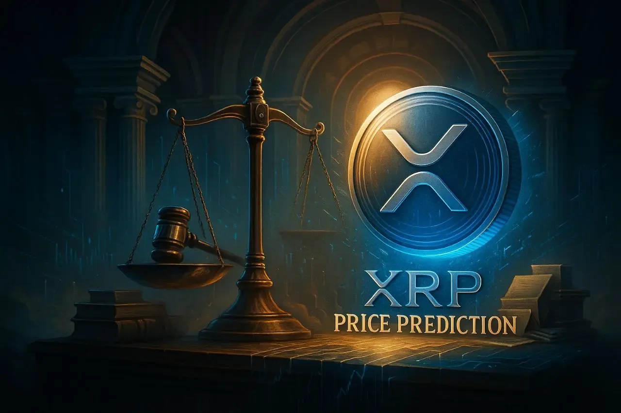 XRP price prediction volatility image showing crypto symbol with law and balance theme