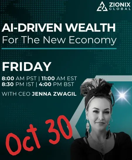 Zionix Global Domains AI driven wealth event announcement featuring CEO Jenna Zwagil