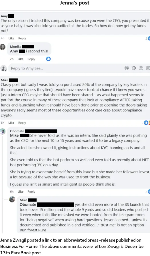 Zionix Global Domains controversy showing Facebook comments questioning CEO Jenna Zwagil and investor funds