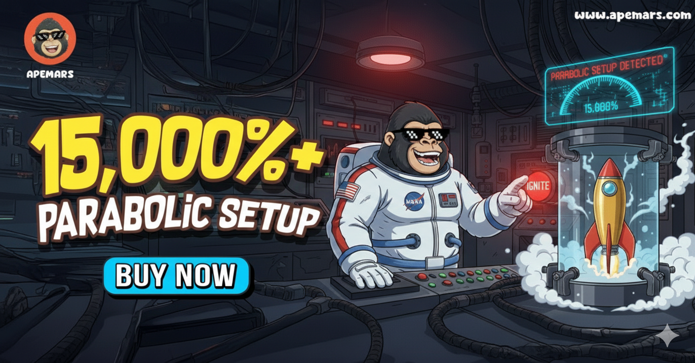 APEMARS Presale 2026 mascot gorilla in a space station showing 15,000 percent parabolic growth setup for the new meme coin launch.