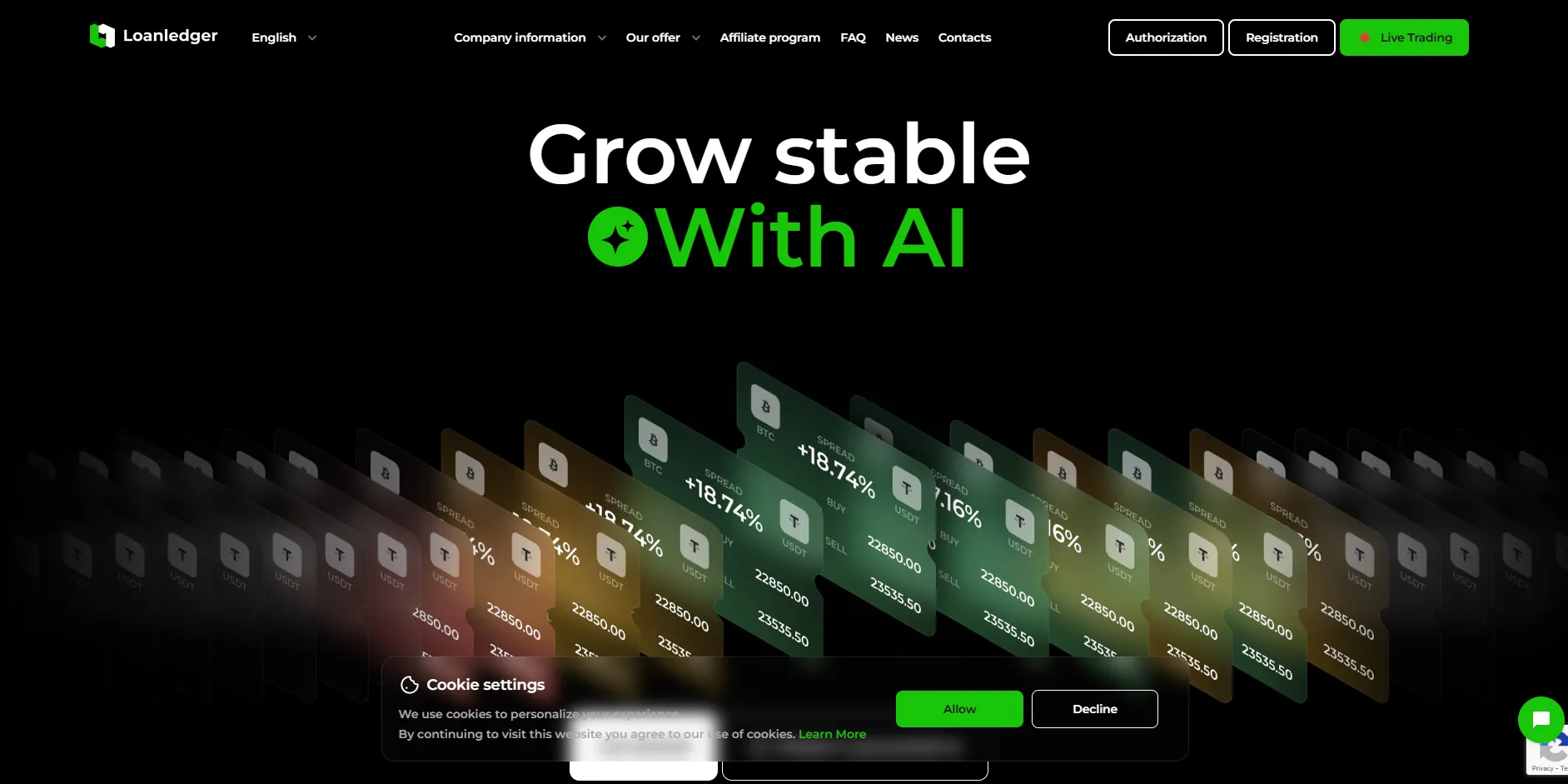 AI trading platform interface showing grow stable with AI technology and automated crypto trading dashboard