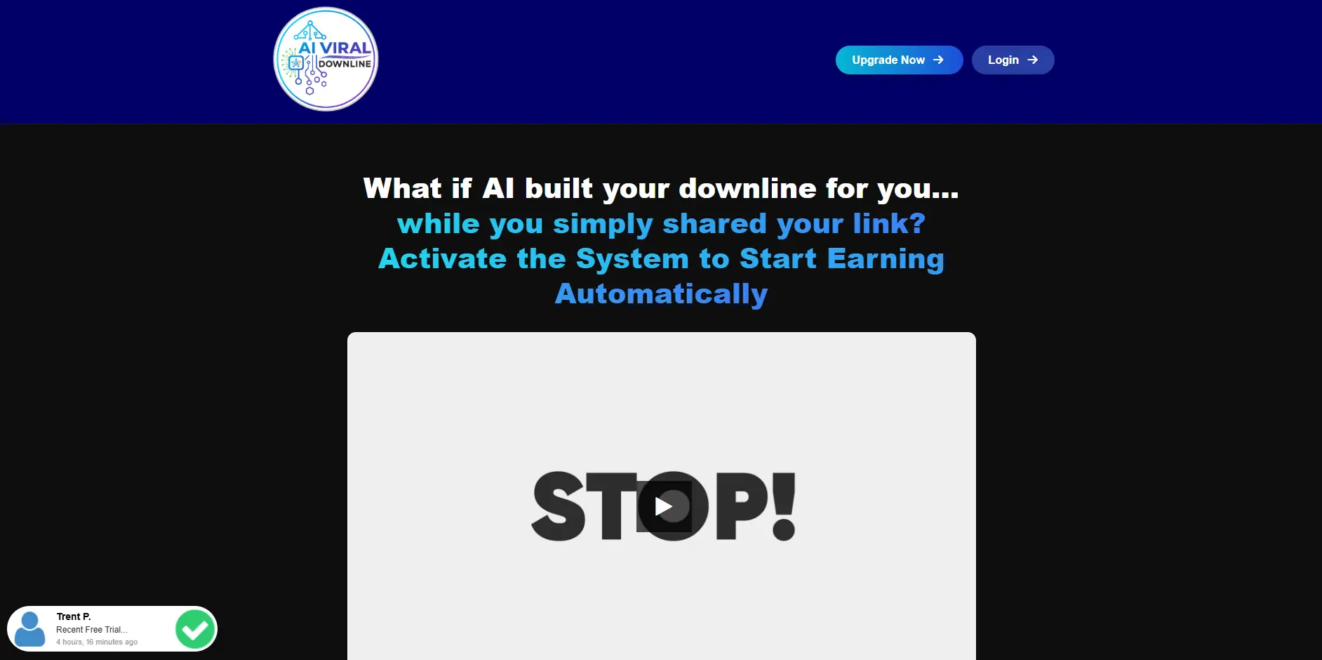 AI Viral Downline website screenshot showing AI built downline earning system and automation claims