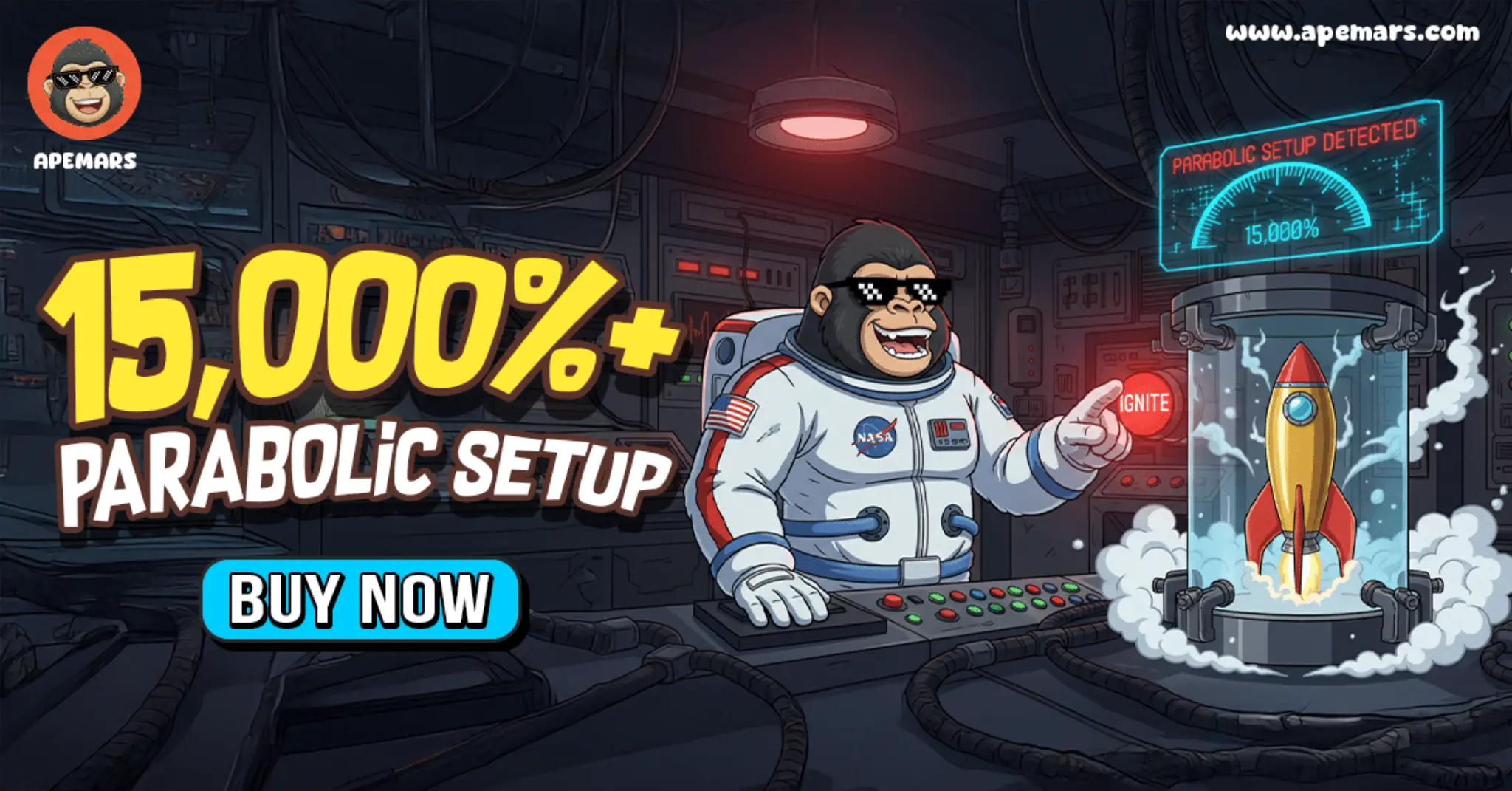 APEMARS presale memecoin showing 15000% parabolic setup with rocket launch graphic indicating potential 100x growth