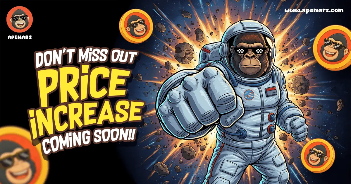 APEMARS presale price increase banner highlighting 22,300% ROI potential with astronaut ape graphic