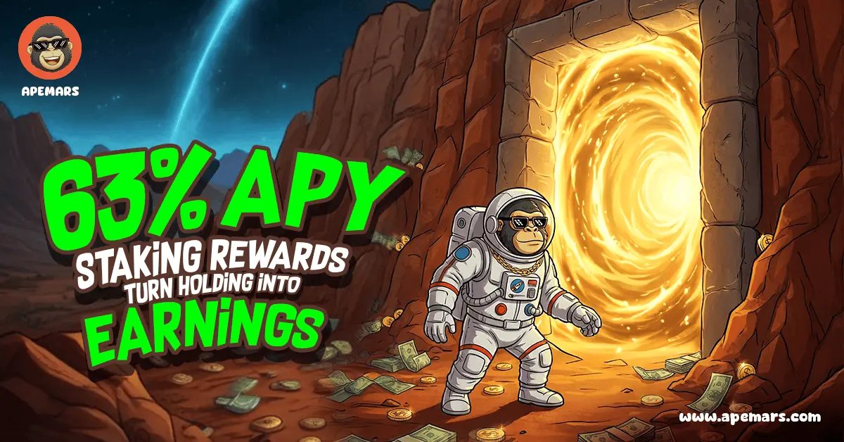 APEMARS presale staking rewards graphic showing 63% APY earnings with astronaut ape entering a glowing portal