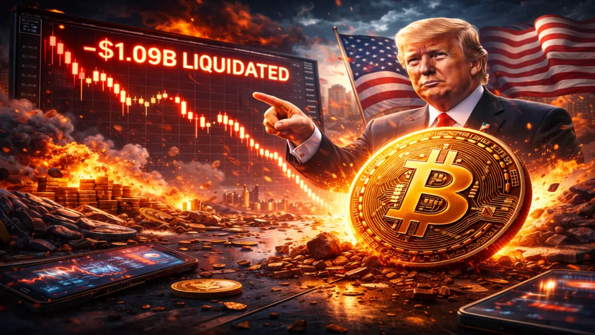 Bitcoin market crash illustration showing $1.09 billion liquidation, falling crypto price chart and market volatility