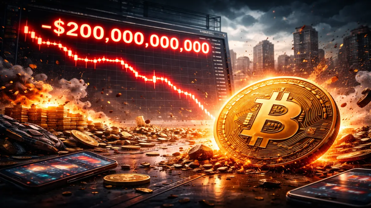Bitcoin market crash illustration showing $200 million loss, falling crypto price chart and market panic