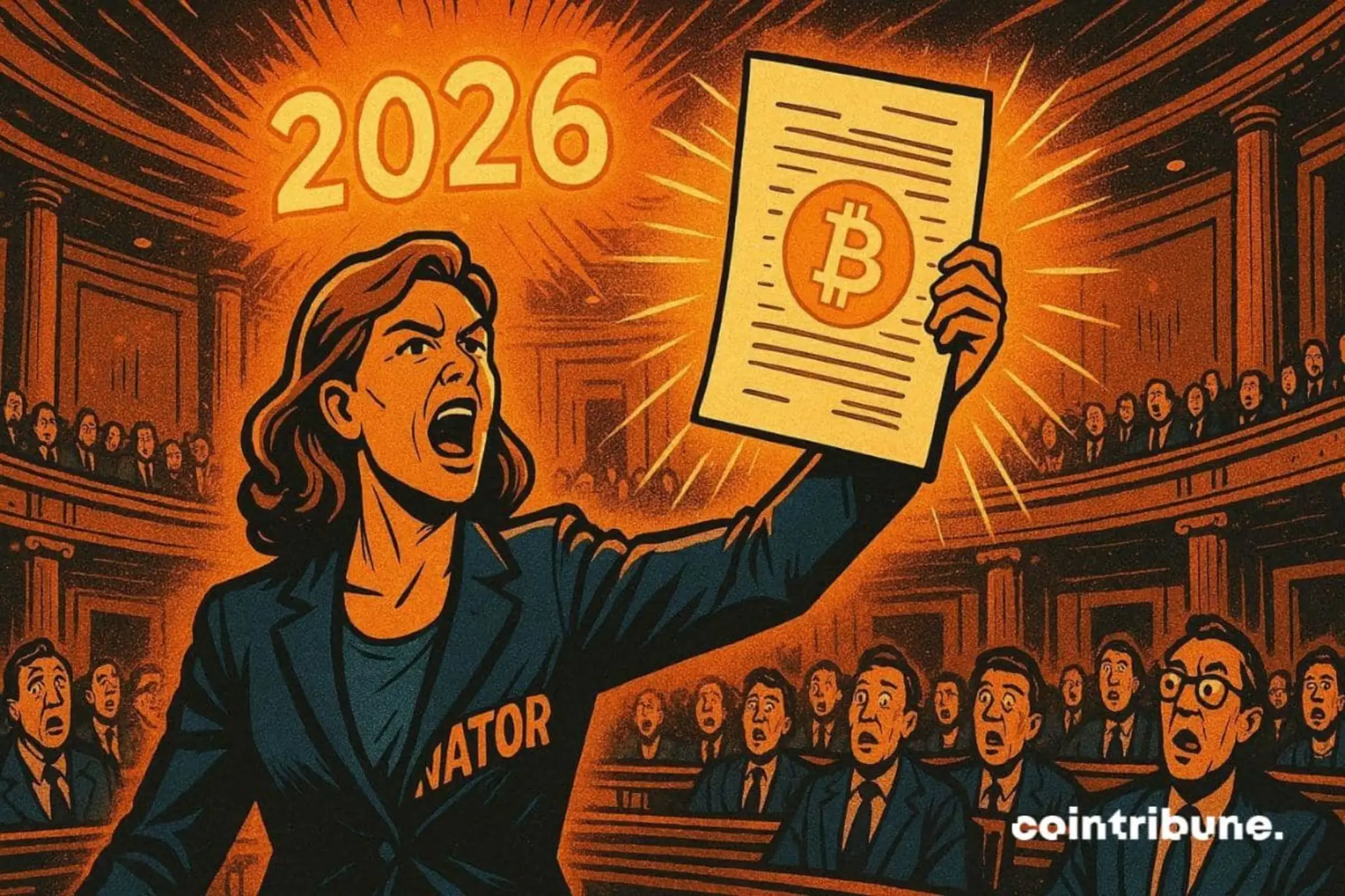 Bitcoin regulation 2026 announcement showing government authority presenting crypto policy document with Bitcoin symbol