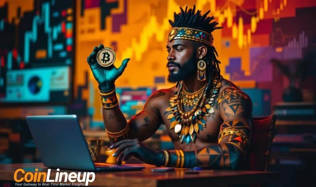 Bitcoin trader holding a Bitcoin coin while analyzing charts after earning $12 million profit in 24 hours