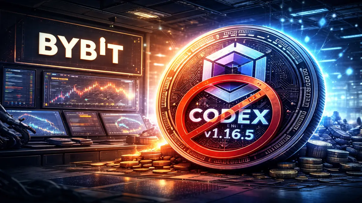 Bybit crypto exchange illustration showing Codex v1.16.5 restriction symbol with trading screens and digital coins