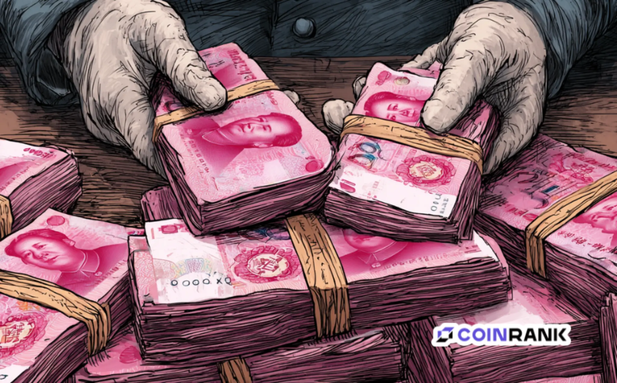 Illustration of hands holding bundled Chinese yuan banknotes symbolizing large cash transactions and financial activity
