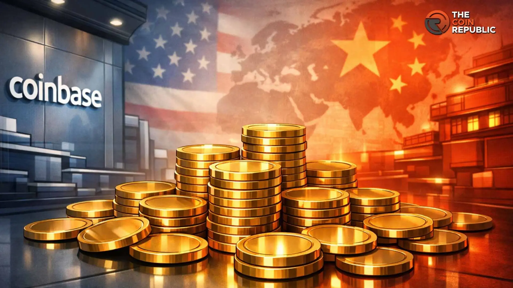 Coinbase building with gold coins showing US and China crypto regulation impact on digital currency market