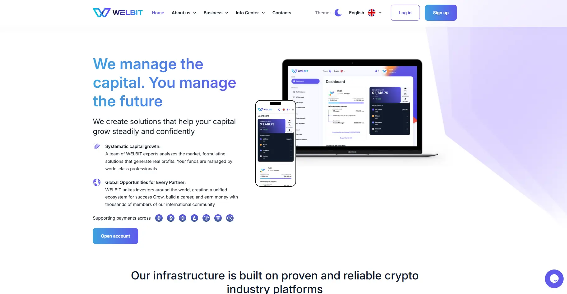Welbit crypto investment platform dashboard showing capital management, secure investments, and growth analytics