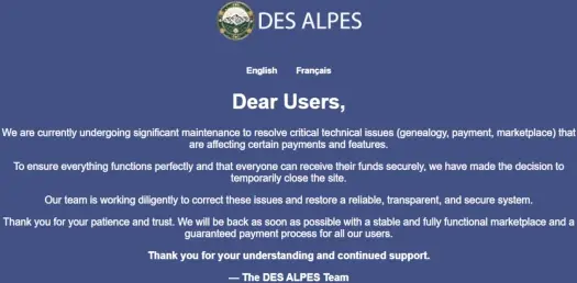 Des Alpes maintenance notice informing users of payment and system issues during temporary platform closure