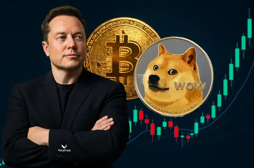 Elon Musk with Dogecoin and Bitcoin visuals representing Dogecoin repositioned as a Bitcoin-like digital commodity