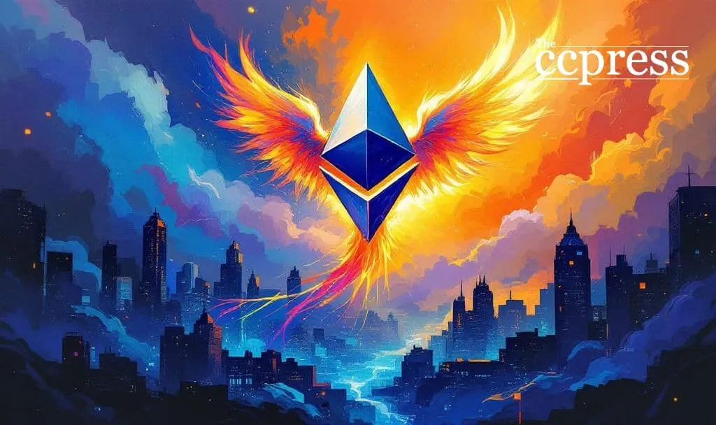 Ethereum logo with phoenix wings rising over a city skyline symbolizing Ethereum price outlook and crypto market growth