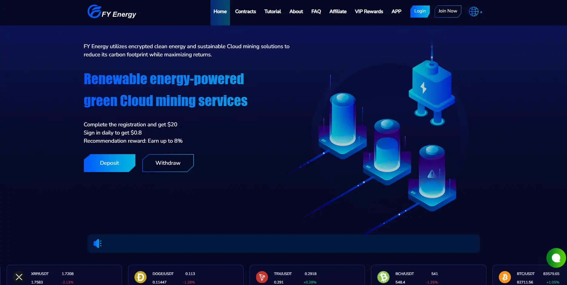 FY Energy cloud mining dashboard showing renewable energy mining claims, returns offers, and potential investment risks