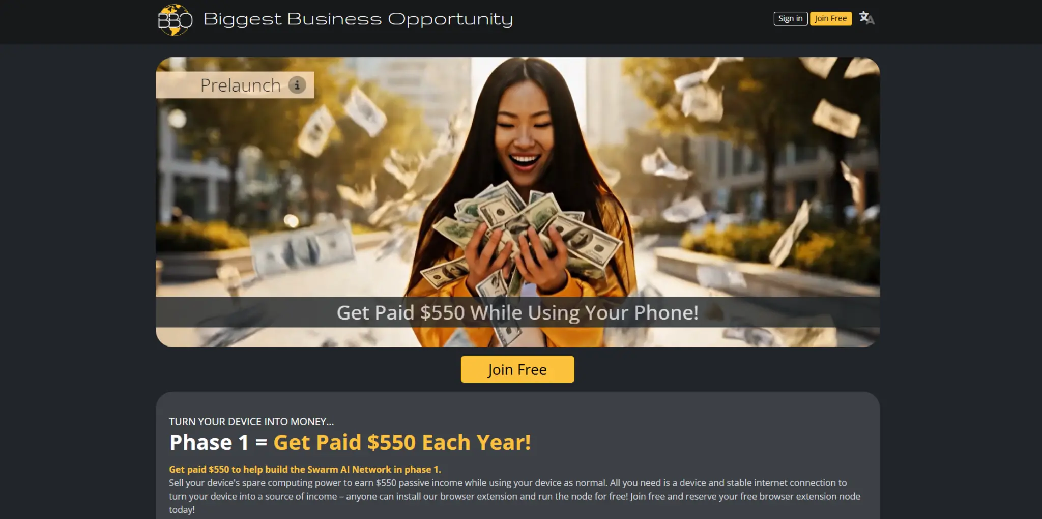 Woman holding dollar bills promoting get paid $550 using your phone business opportunity