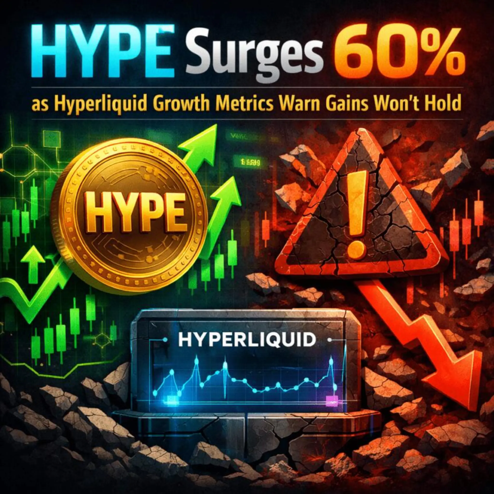 HYPE token surge of 60 percent showing Hyperliquid rally with price charts and warning signs about sustainability