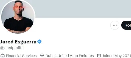 Jared Esguerra financial services professional profile showing verified social media account based in Dubai