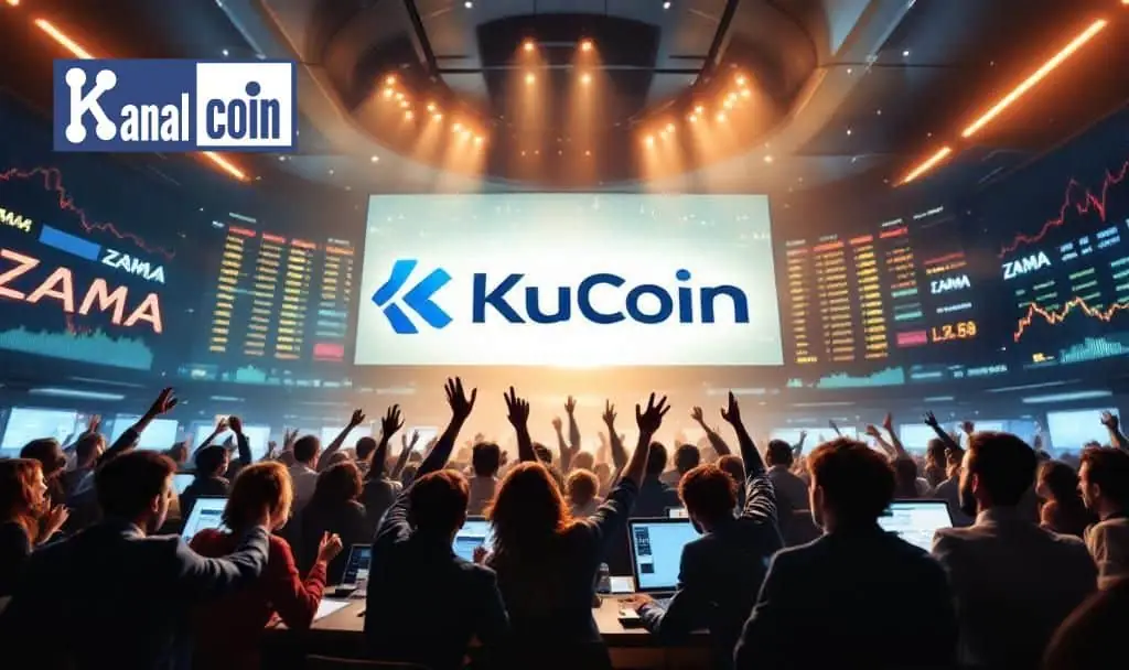 KuCoin sealed-bid Dutch auction event showcasing ZAMA token launch and active crypto traders