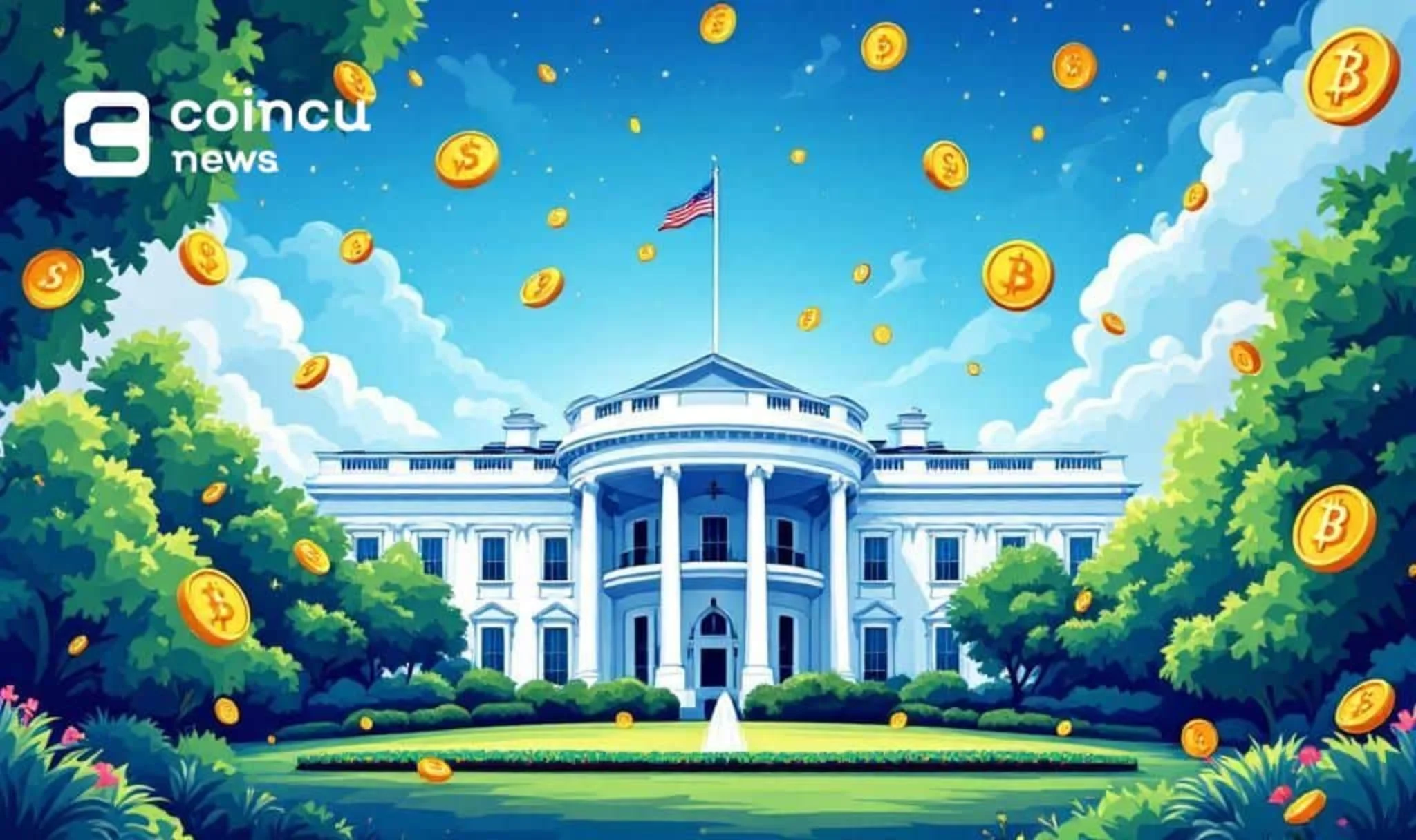White House surrounded by floating Bitcoin and crypto symbols, symbolizing U.S. government stance on cryptocurrency