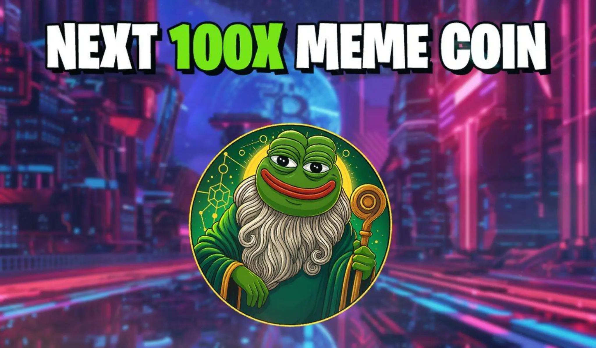 Pepeto meme coin presale illustration showing Pepe-style character with next 100x meme coin hype background