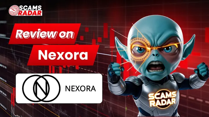 “Review on Nexora scam analysis by Scams Radar showing warning graphics and Nexora logo”