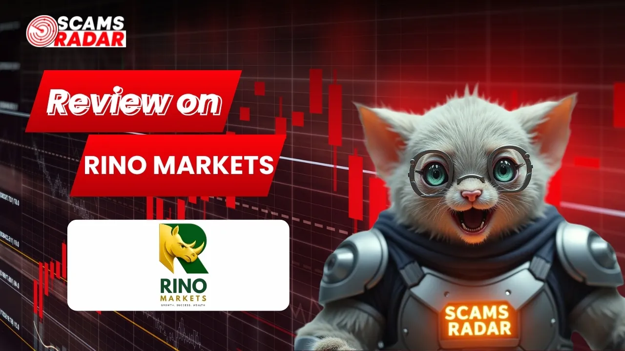 Rino Markets review highlighting scam risk analysis by Scams Radar with trading chart background