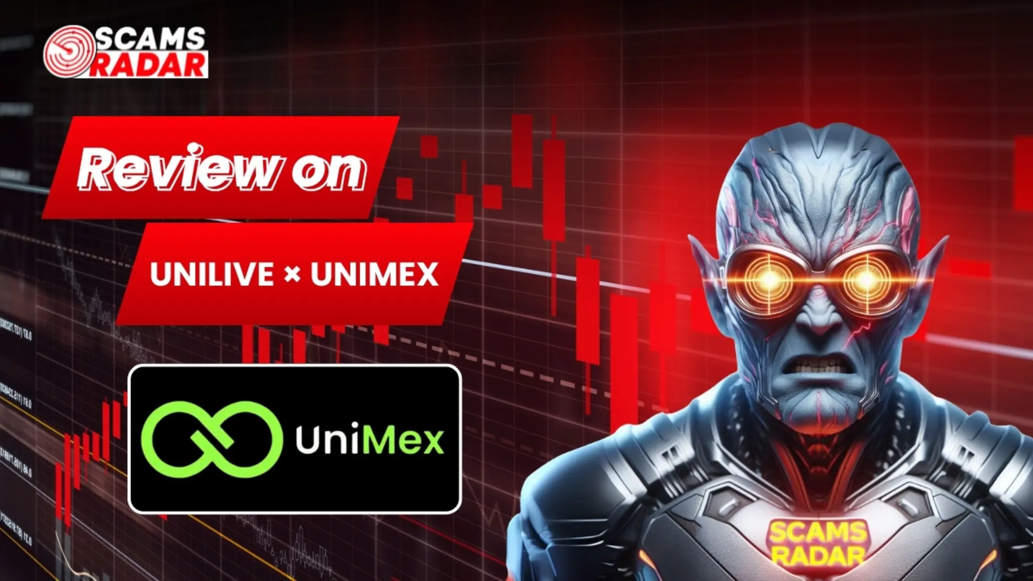 UniLive UniMex review image showing scam analysis by Scams Radar with trading chart background