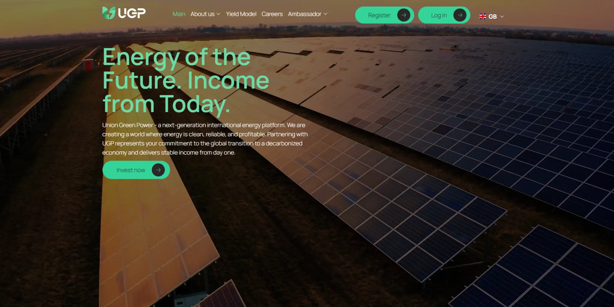 Union Green Power review showing large-scale solar panels and UGP renewable energy investment platform