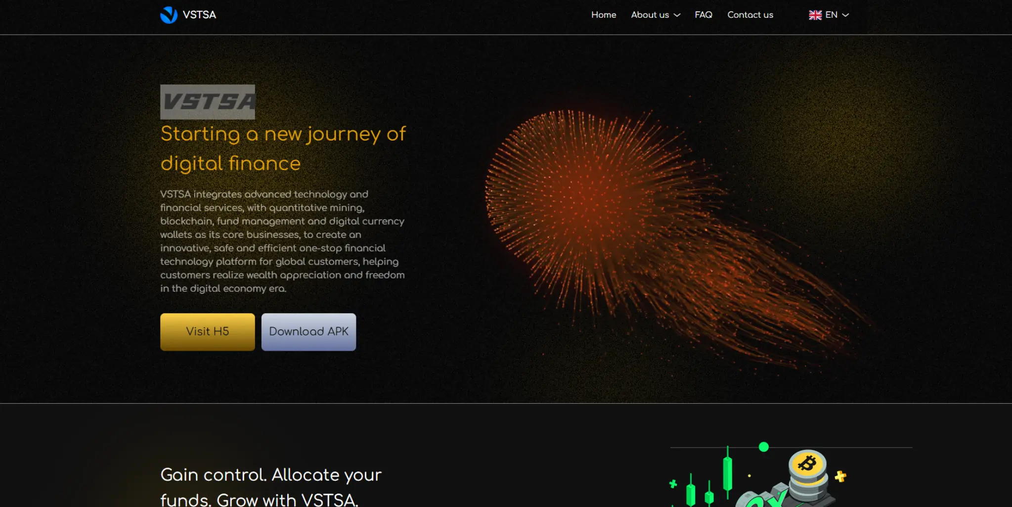 VSTSA review showing the official website homepage highlighting digital finance, trading tools, and platform features