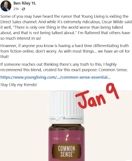 Young Living executive Ben Riley dismissing rumors about the company exiting direct sales, referencing a social media post dated January 9