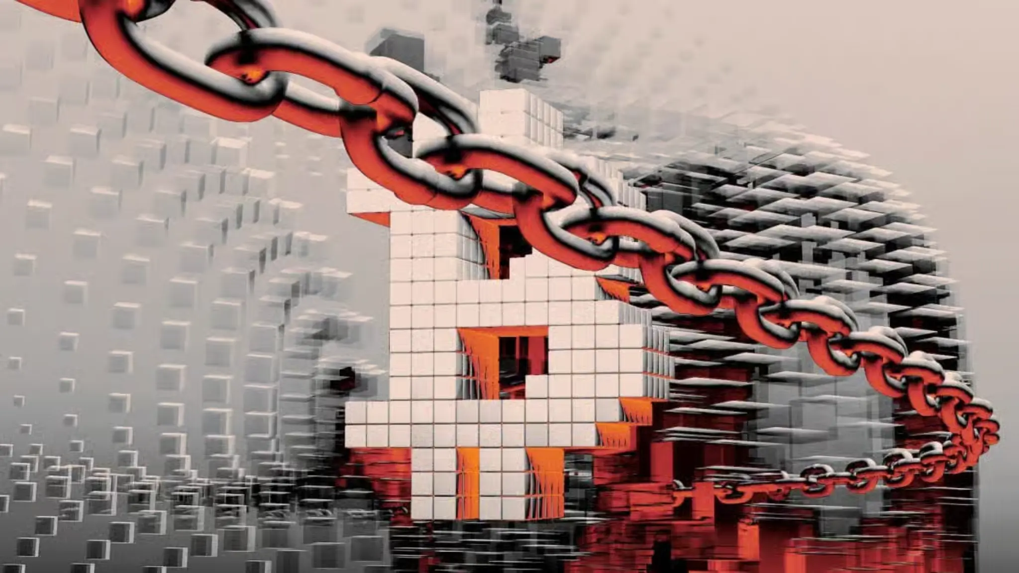 Abstract Bitcoin symbol with blockchain chain illustration representing a 66kB image embedded in a single Bitcoin transaction