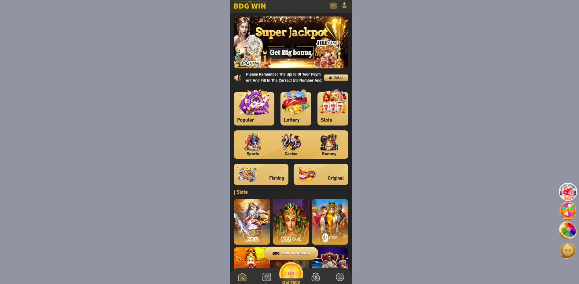 BDG WIN mobile app interface showing jackpot banner, game categories like slots, sports, casino, and wallet navigation
